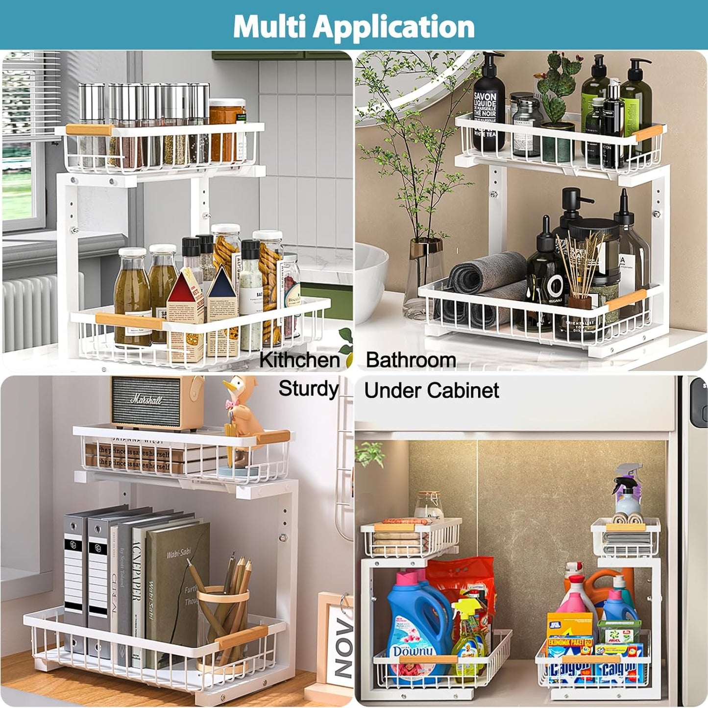 Liuoud Under Sink Organizer - 2 Pack Adjustable 2-Tier Storage Solution for Kitchen & Bathroom Cabinets, White
