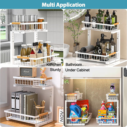 Liuoud Under Sink Organizer - 2 Pack Adjustable 2-Tier Storage Solution for Kitchen & Bathroom Cabinets, White