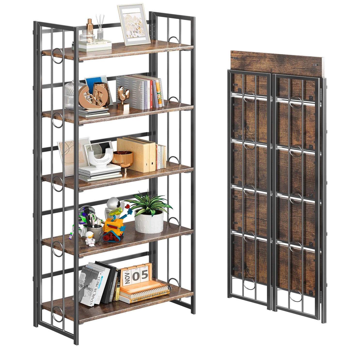 4NM No Assembly 5 Tiers Folding Bookshelf, 59.4" H Foldable Storage Shelves Vintage Bookcase Standing Racks Study Organizer Home Office - Rustic Brown Black