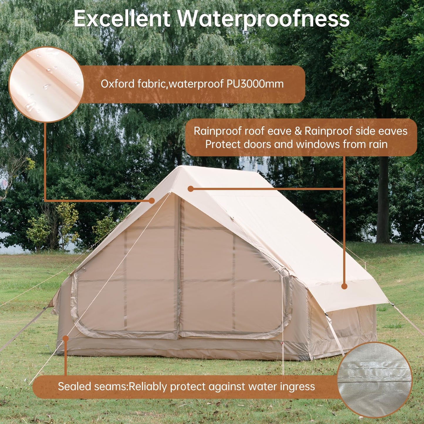WaldZimmer 6sq Beige Inflatable Camping Tent with Hand Pump and Stove Jack Waterproof Windproof Outdoor Blow up Tent 3-4 Person Oxford 4 Season Glamping Air Tents Cabin House Easy to Set Up