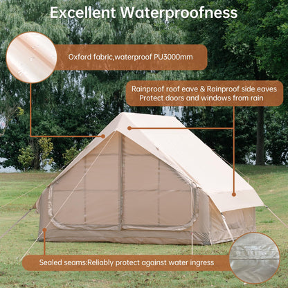 WaldZimmer 6sq Beige Inflatable Camping Tent with Hand Pump and Stove Jack Waterproof Windproof Outdoor Blow up Tent 3-4 Person Oxford 4 Season Glamping Air Tents Cabin House Easy to Set Up
