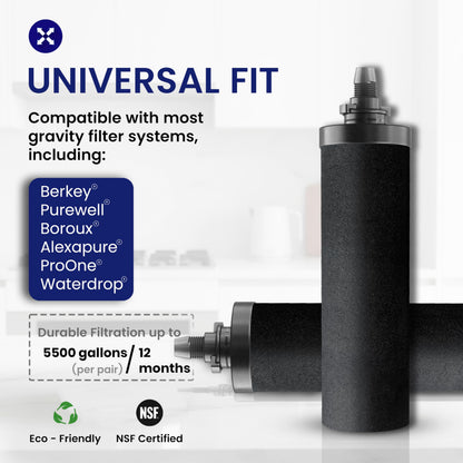 NSF Certified Carbon Replacement Filter Elements (PF-4) - Pack of 2 Filters for Phoenix Gravity Water Filters, Replacement for Berkey® BB9-2, Waterdrop, Purewell & Other Water Filters