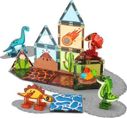 Magnetic Tiles for Kids Ages 4-8 25 Piece Dinosaur Building Blocks Set with T-Rex &amp Stegosaurus Magnet Toys for Toddlers &amp Preschoolers - Educational Construction Toy Magnetic Building Sets