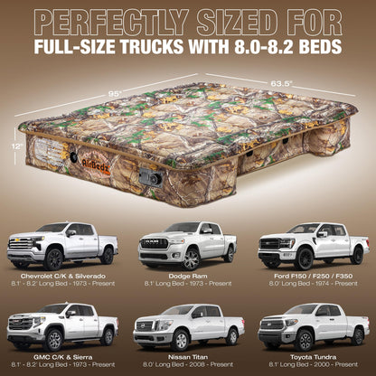 Pittman Outdoors AirBedz Mattress – Truck Bed Air Mattress, 25% More Coverage, Built-in Rechargeable Pump, Carry Bag & Repair Kit - Full-Size 8’+ Long Bed, Realtree Camouflage, PPI-401