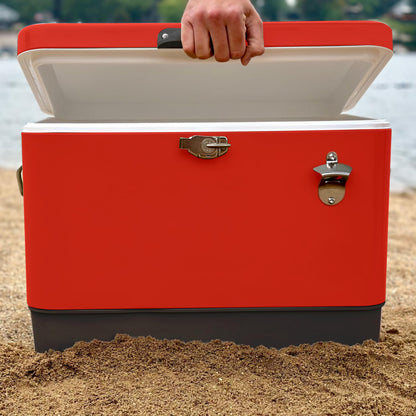 FSE Hard-Sided 54 Qt Metal Cooler, 80 Can Vintage Ice Chest, Durable Two-Tone Design with Latch Lid, Built-in Bottle Opener, Plastic Liner & Side Handles, Red/Black