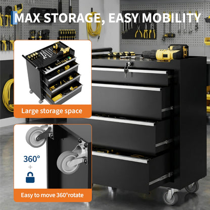 SierraSquad Rolling Tool Chest, 4-Drawer Tool Storage Cabinet, Tool Box with Wheels, Lock System and Drawer Liners, Tool Cart for Warehouse, Workshop and Repair Shop, Black