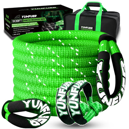 YUNFUER Heavy-Duty Kinetic Recovery Rope Kit – 48,600lbs, 1in x 30ft – Includes 2 Ultra-Strong UHMWPE Soft Shackles – 35%+ Elasticity for Off-Road Recovery, Towing & Emergency Use (Reflective)