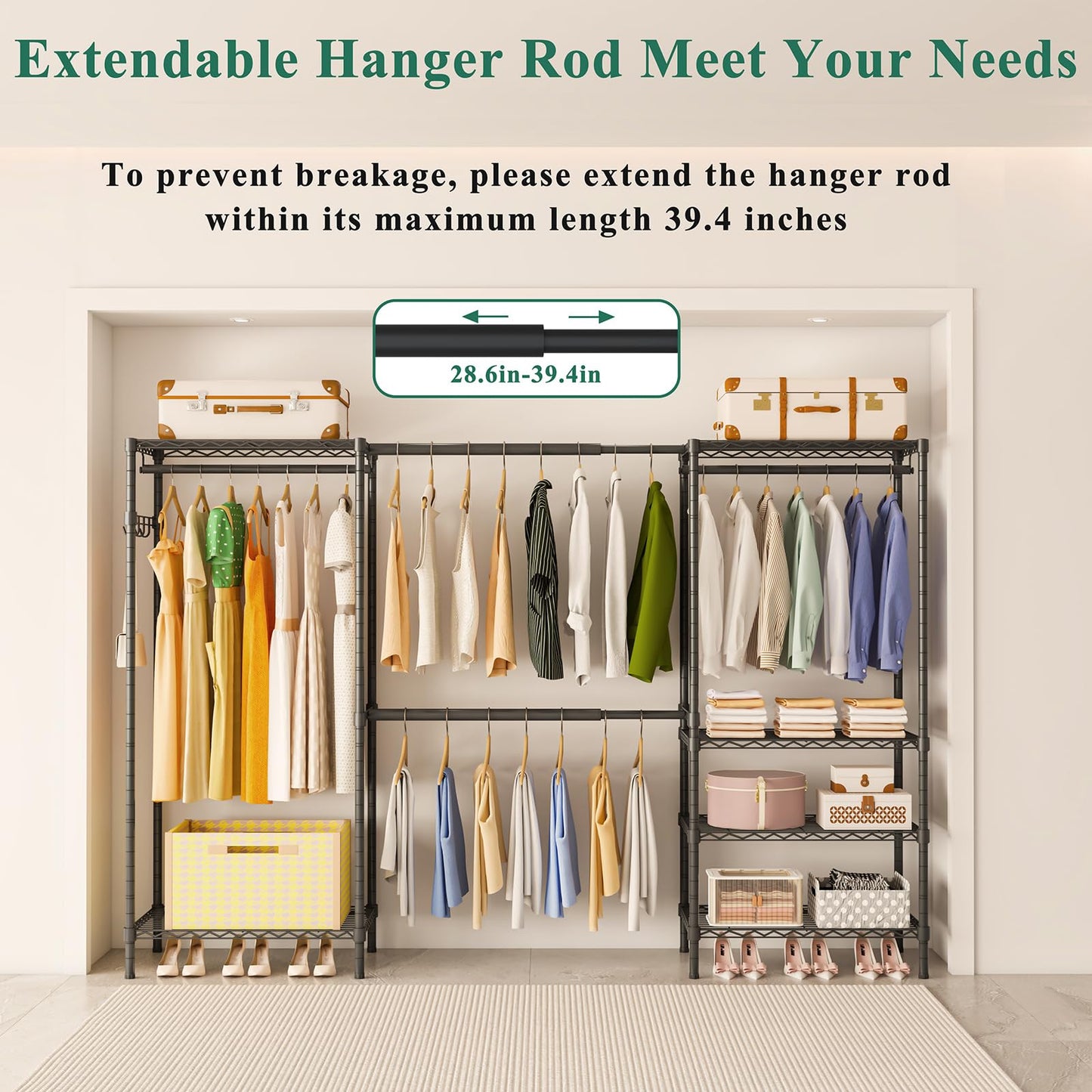 Exglobol Heavy Duty Garment Rack, Portable Expandable Freestanding 4 Tiers Adjustable Wire Shelves Clothes Rack with 2 Retractable Poles, 70.9-86.6" L x 15.7" W x 76.8" H, Max Load 900LBS, Black