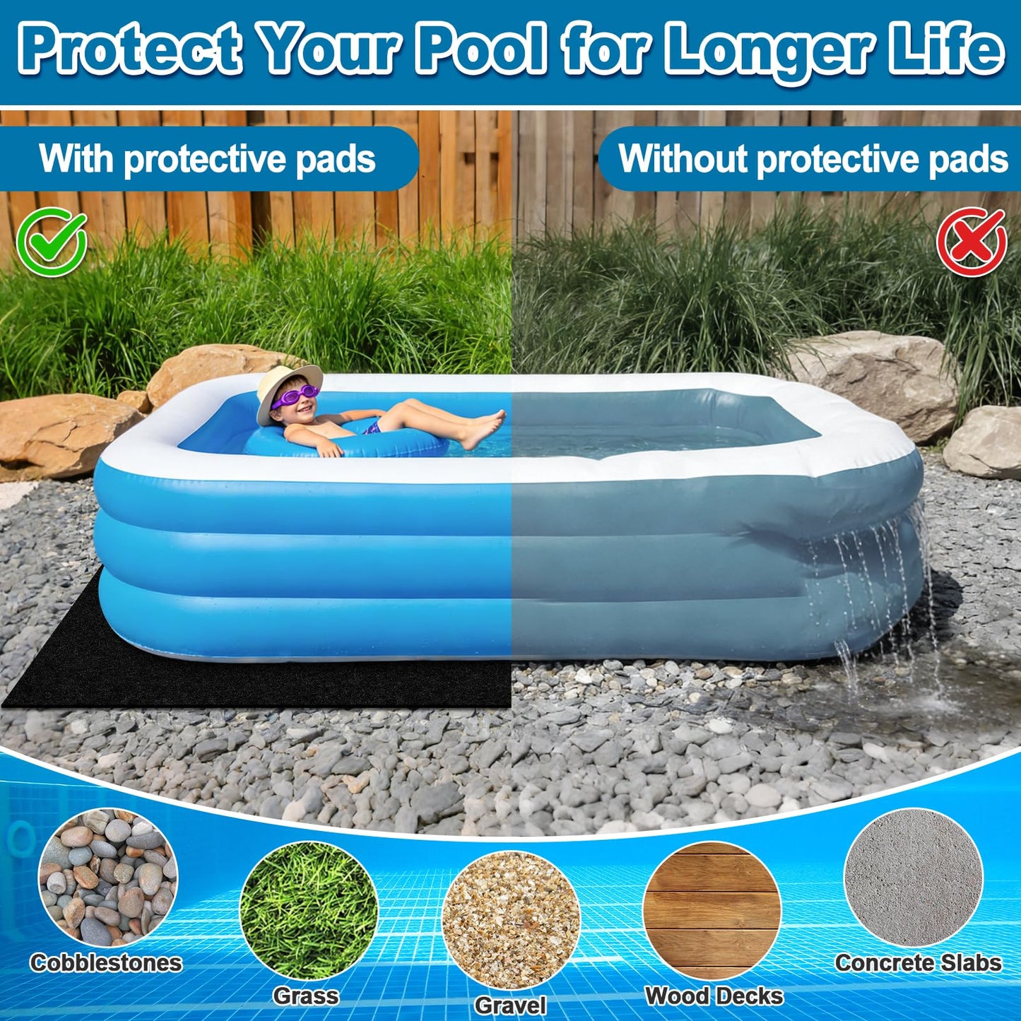 16x32Ft Rectangular Pool Liner Pad for Above Ground Swimming Pools,250g/㎡ Heavy Duty Pool Ground Mat Under Pool Pad, Durable Pools Bottom Liner Protector to Prevent Puncture and Extend Liner Life