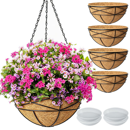 Karlliu 4 Pack 14 Inch Hanging Baskets for Plants Outdoor Large Flower Planters with Coco Liner for Outside Panting Watering Plant Pot Holder for Home Garden Porch Balcony Railings Decor