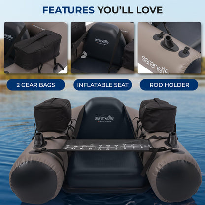 Serenelife Inflatable Fishing Float Tube – PVC Belly Boat for Angling with Fishing Rod Holders, 2 Waterproof Storage Pockets, Fish Ruler, 220 lbs Capacity