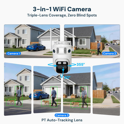 yeewise Triple Lens Wireless Security Camera System with 12" Monitor, 180° Wide View + 360° PTZ AI Tracking, WiFi 6, 16CH NVR, 24/7 Recording, 500GB HDD, No Monthly Fee, Plug-in Power