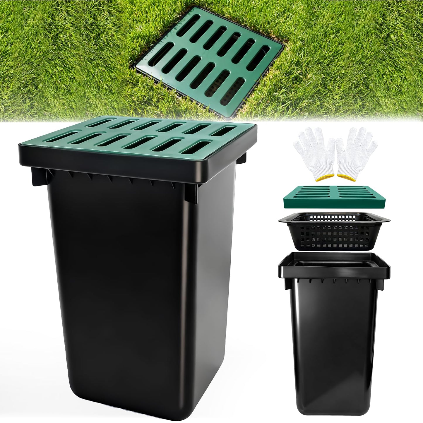 24Inch Catch Basin with Grate, Square Extra Large Yard Drainage Catch Basin for Drainage with Debris Basket, No Pre-Drilled Holes for Patios, Downspout, Municipal Pipeline