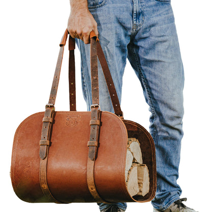 Woodman's Pal Premium Buffalo Leather Log Carrier, Luxury Handcrafted Firewood Carrier, Heavy-Duty Firewood Bag for Wood Carrying, Made in USA - Ideal for Outdoors and Camping Wood Stove Accessory