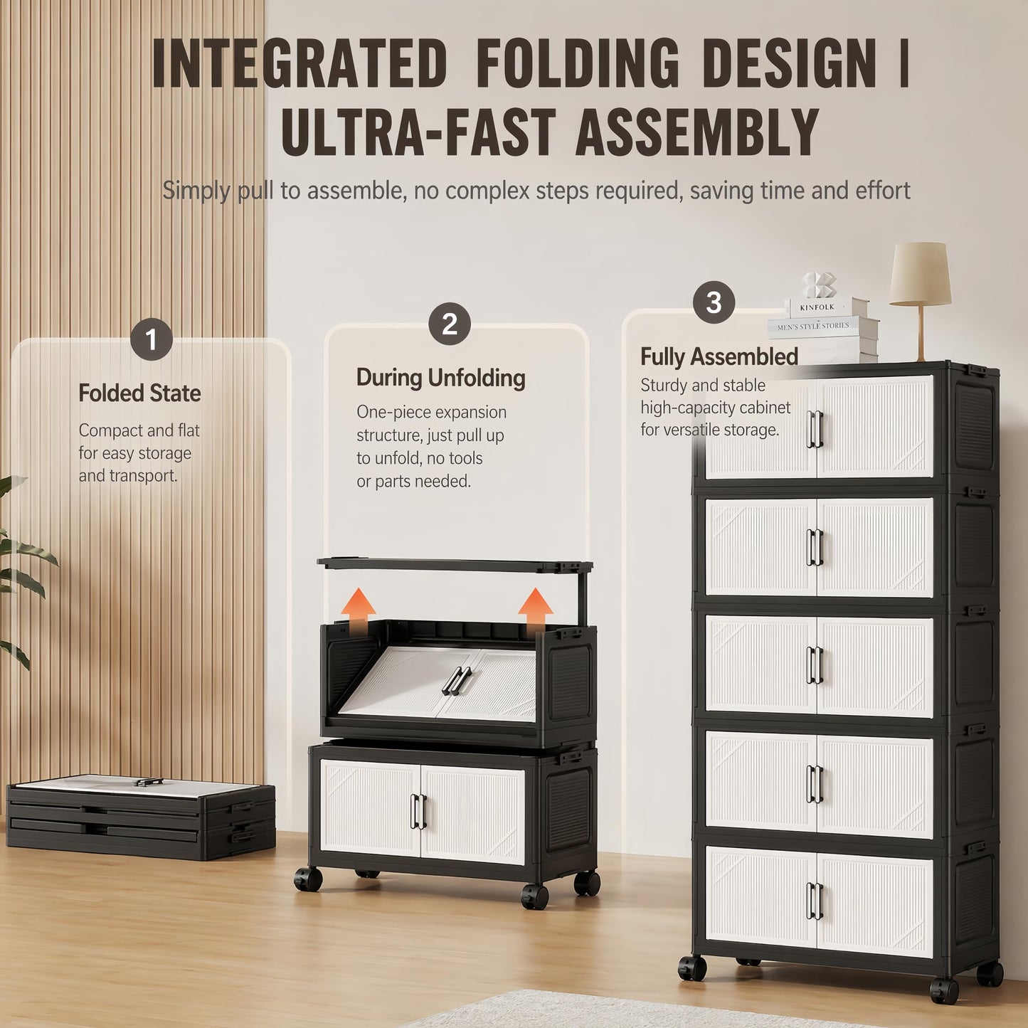 5 Tier Foldable Storage Cabinet with Top Lid, Tall Mobile PP Storage Organizer with Magnetic Doors and Wheels, Space-Saving Collapsible Organizer for Bedroom Living Room Kitchen Pantry Bathroom