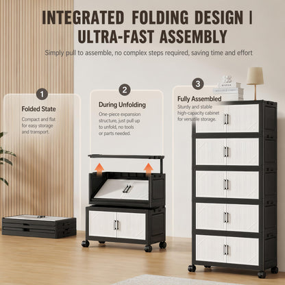 5 Tier Foldable Storage Cabinet with Top Lid, Tall Mobile PP Storage Organizer with Magnetic Doors and Wheels, Space-Saving Collapsible Organizer for Bedroom Living Room Kitchen Pantry Bathroom