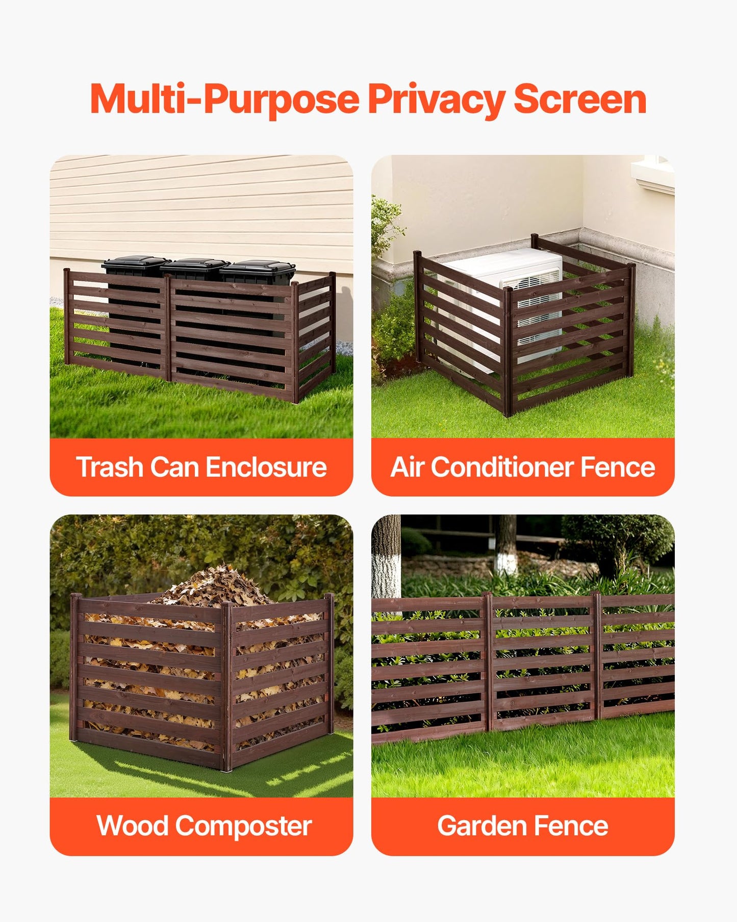 VEVOR Wooden Privacy Fence, 48 x 37 inch Air Conditioner Fence, 3 Panel Solid Outdoor Wood Privacy Screen with Metal Stakes, Steel Frame, Trash Can Hider Fences Suitable for Garden, Pool