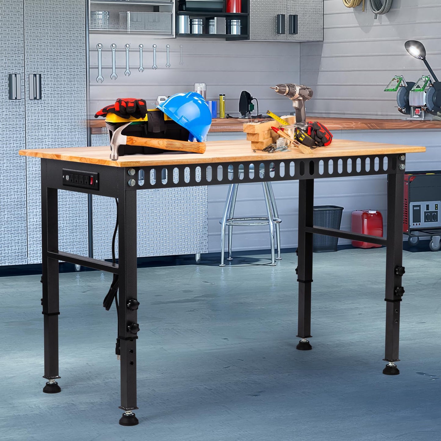48" Height Adjustable Workbench, 2000 LBS Load Capacity Rubber Wood Top Workstation with Power Outlet and Foot Pads, Heavy-Duty Hardwood Worktable for Garage Workshop (with Foot Pads and Socket,48'')