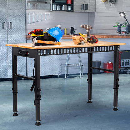 48" Height Adjustable Workbench, 2000 LBS Load Capacity Rubber Wood Top Workstation with Power Outlet and Foot Pads, Heavy-Duty Hardwood Worktable for Garage Workshop (with Foot Pads and Socket,48'')