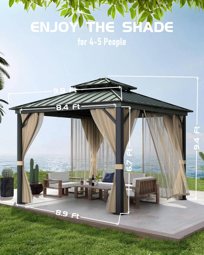 10x10 FT Double Metal Roof Hardtop Gazebo, All-Weather Outdoor Patio Pavilion with Aluminum Iron Frame, Mosquito Netting and Privacy Curtains, Permanent Shelter for Garden Deck Lawn Backyard