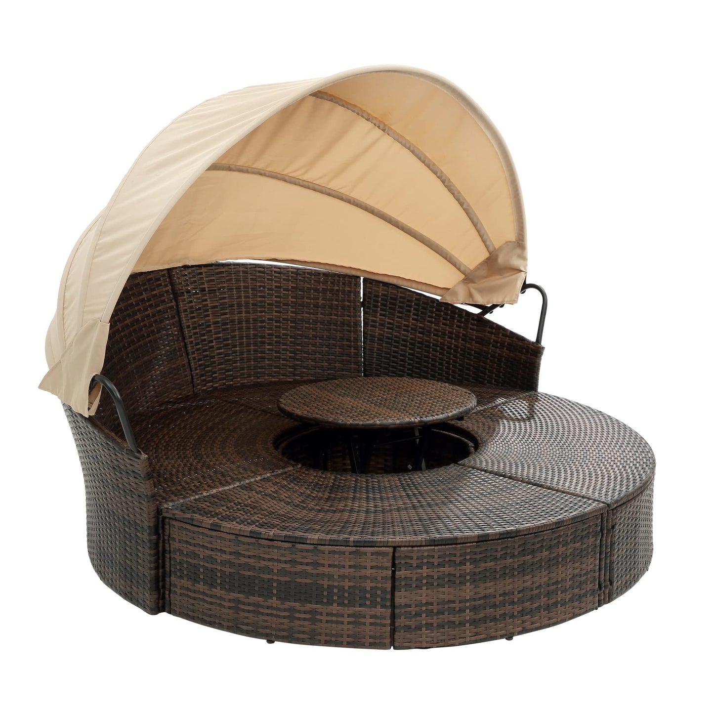 GDFStudio Outdoor Rattan Round Daybed with Canopy, Patio Wicker Lounge Bed with Lift-Top Coffee Table, Clamshell Sectional Seating Sofa Bed with Cushions & Pillows for Garden, Poolside, Beige