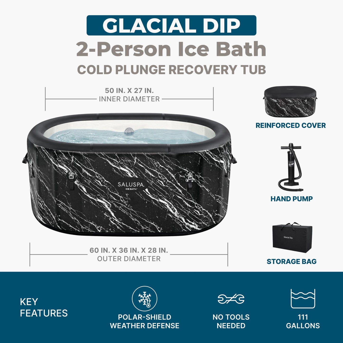 Bestway SaluSpa: Glacial Dip - Cold Plunge Inflatable Tub - 60x36x28, Black Marble, Ice Bath, FortiFiber, Polar Shield Year Round Use, Cover & Storage Bag