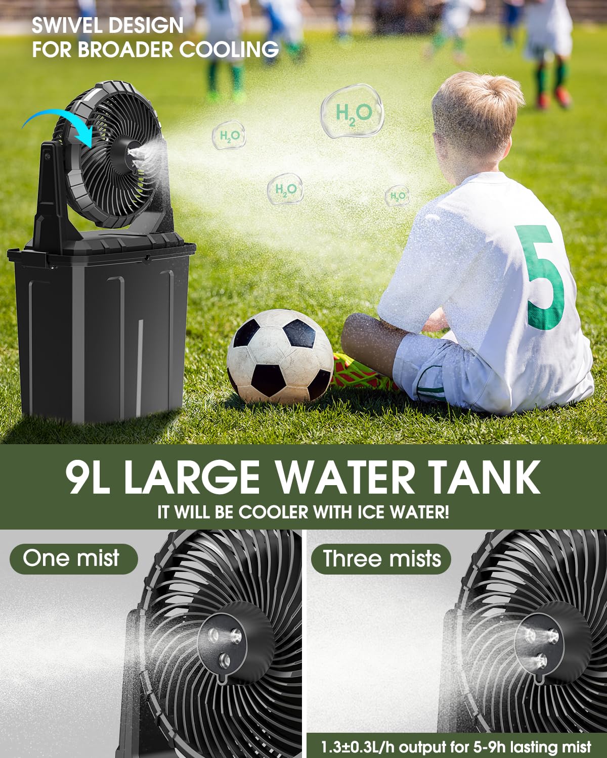 Ausic Portable Misting Fan, 9L 10-inch Outdoor Mist Fans for Outside Patios Cooling, 30000mAh Rechargeable Battery Fan with Water Box, 3 Strong Winds, 3 Spray Mister