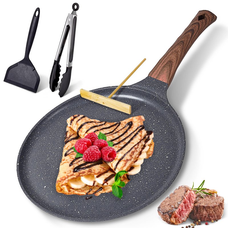 AOSION Nonstick Crepe Pan 9.5 inch,Ceramic Crepe Pan,Dosa Tawa Pan, Ceramic Coated PFOA-Free, Ergonomic Handle, With Pancake Tools, Forged Aluminum Induction Safe