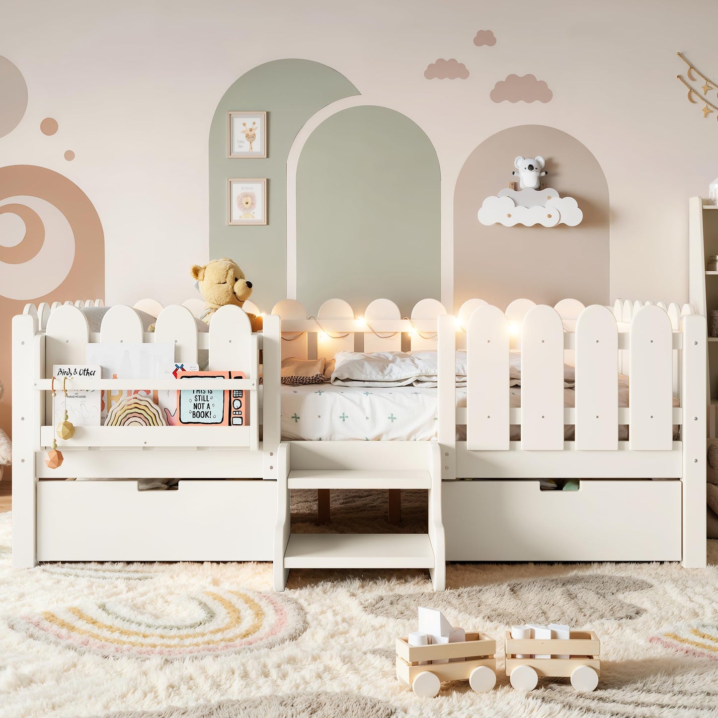 Bellemave Full Kids Montessori Bed with Stairs, Bookshelf and LED Lights, Solid Wood Kids Bed Frame with Storage Drawers for Boys Girls, Low Profile,Beige