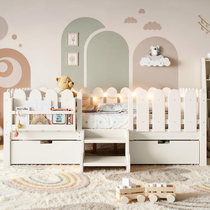 Bellemave Full Kids Montessori Bed with Stairs, Bookshelf and LED Lights, Solid Wood Kids Bed Frame with Storage Drawers for Boys Girls, Low Profile,Beige