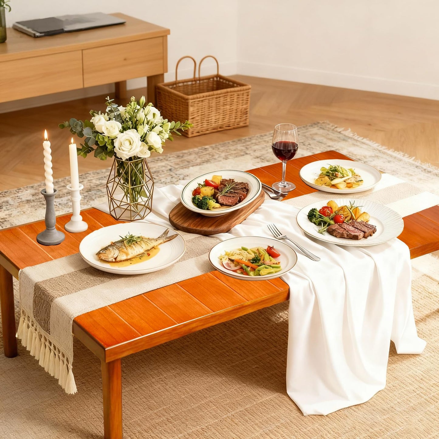 LCKJZYL Folding Picnic Table with Table Runner, 60 * 30in Wooden Picnic Table for Outdoors, Boho Low Coffee Table for Sitting on The Floor, Suitable for Beach, Park, Garden, Camping, Travel(Brown)