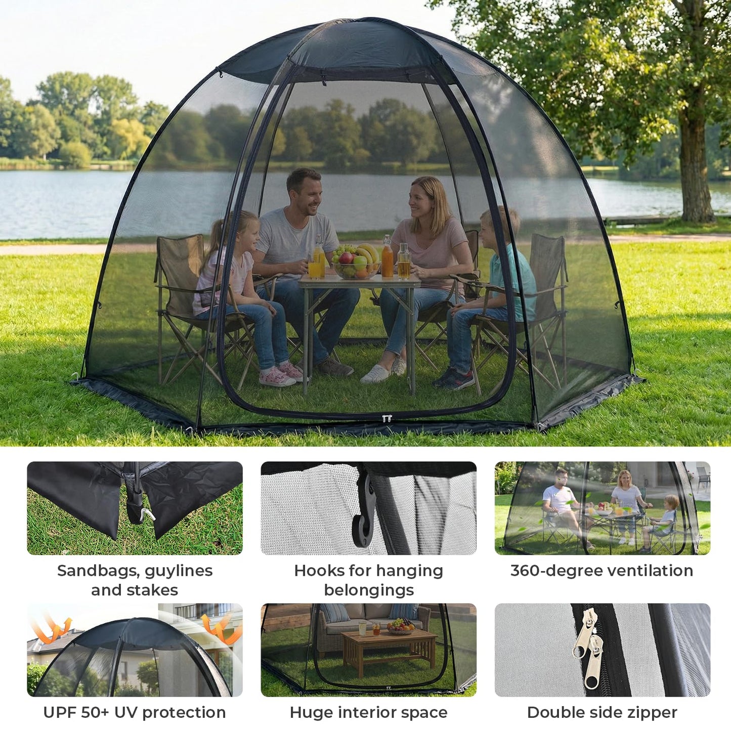 Alvantor® Pop Up Screen House Tent 10x10 FT, Snap-fit Black Mesh Screen Gazebo with Peaked Roof, Portable Screen Room Canopy Shelter with Sandbags for Camping, Backyard, Picnic