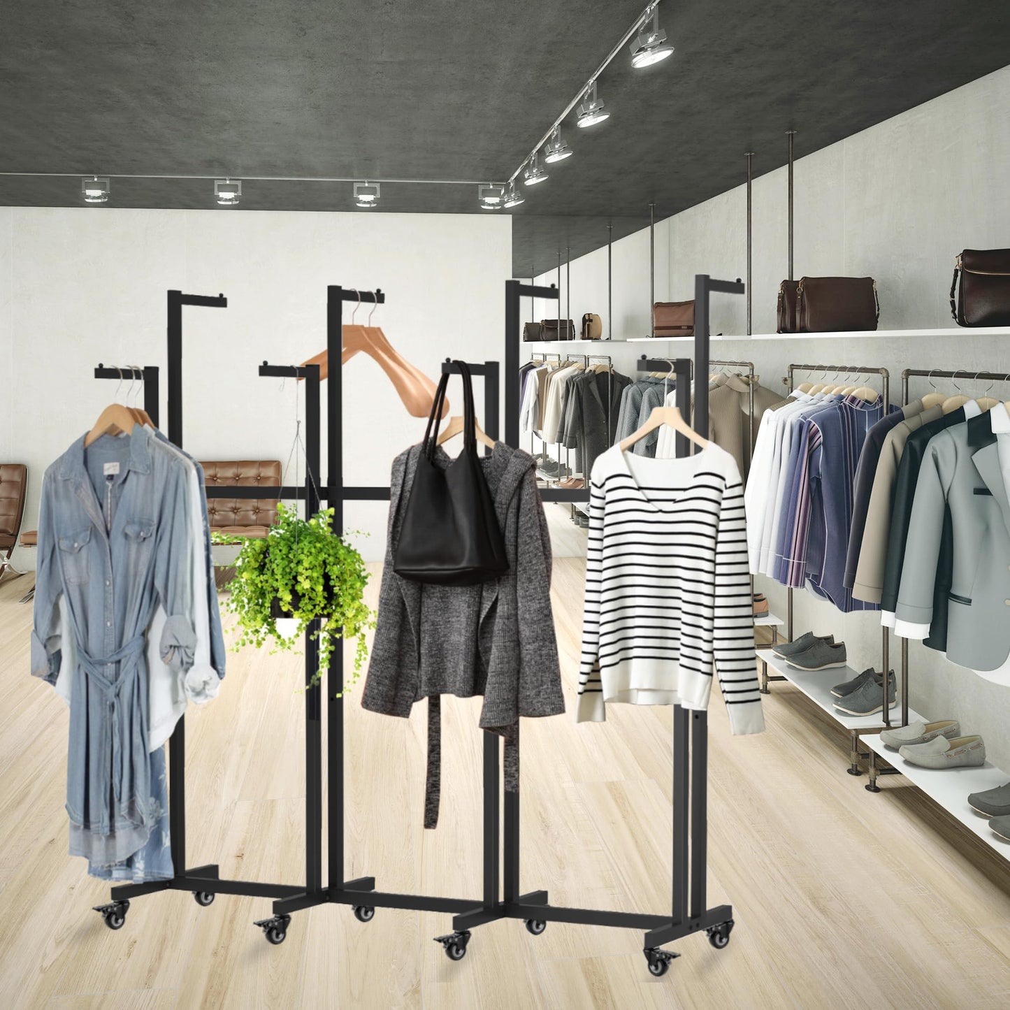 Metal Clothing Rack, 8 Arms Clothes Display Racks with Wheels, Adjustable Floor Standing Garment Rack From 46.85" to 64", Portable Retail Display Stand for Boutique Stores (Black, 8 Arm/68.5in)