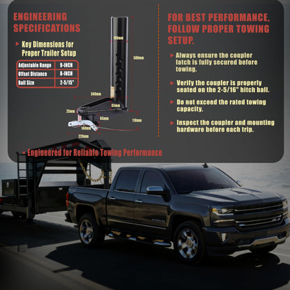 TOWGUARD 30K Adjustable 8" Offset Gooseneck Trailer Coupler with Remote Release, Fits 2-5/16" Ball,Round Tube Coupler for Short Bed Trucks, Reinforced Gusset for Livestock Utility Equipment Trailers