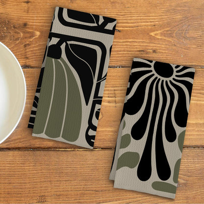 Qpenm Sage Green Groovy 70s Retro Kitchen Towels Set of 2 - Boho Floral Dish Towels for Kitchen, Boho Hand Towels for Bathroom, Boho Sage Green Bathroom Kitchen Decor, 16x24 Inches
