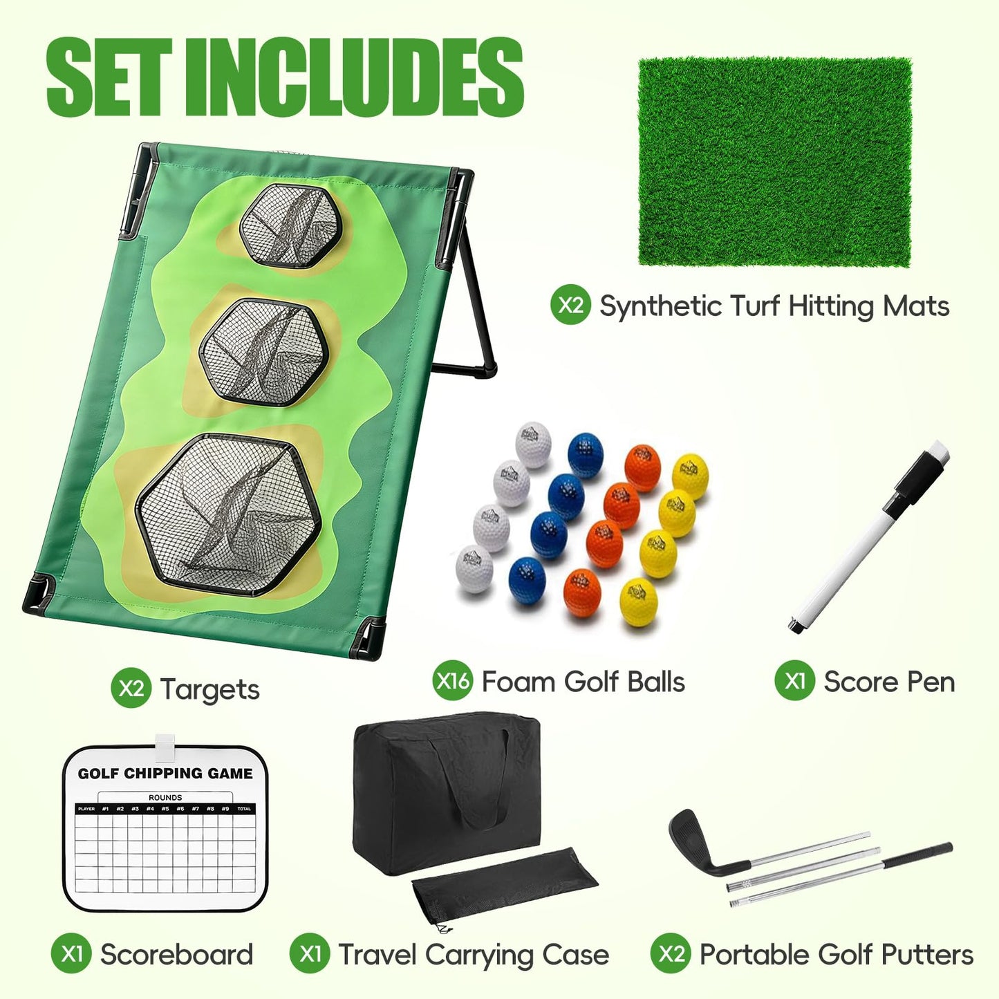 Bpbdzz Golf Chipping Game Set with 2 Clubs & 1 Scoreboard - 2 Target Nets, 2 Turf Mats, 16 Foam Balls, Score Pen & Bag - Indoor/Outdoor Golf Training for Adults/Family