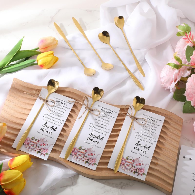Skybooly Tea Party Bridal Shower Favors Mini Coffee Spoons Small Tea Spoons Heart Shaped Spoon with Bridal Shower Thank You Cards and Hemp Rope Wedding Souvenirs Tea Party Favor (50, Gold)