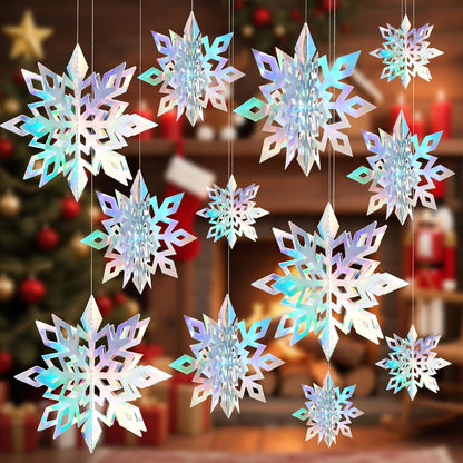 Skiennix 12PCS 3D Christmas Snowflake Decorations - Glittering Holographic Silver Ornaments for Winter Wonderland Decor