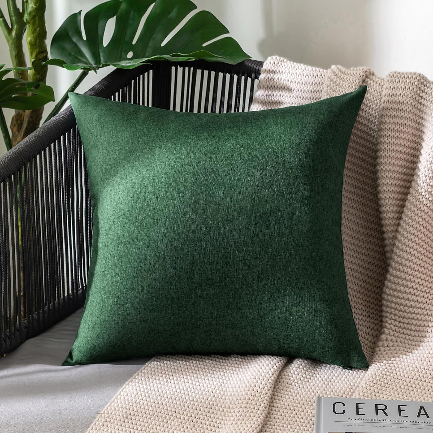 MIULEE Decorative Outdoor Throw Pillow Covers - Waterproof Faux Linen Cushion Cases | 18x18 Inch Emerald Green (Pack of 2)