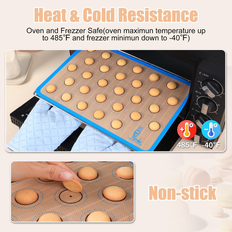 Silicone Macaron Baking Mat Half Sheet - Set of 3 (2 Half Sheet and 1 Quarter Sheet), Non Stick Silicon Oven Liner For Macaroons and Cookies, By Folksy Super Kitchen (16.5x11.6, Blue)