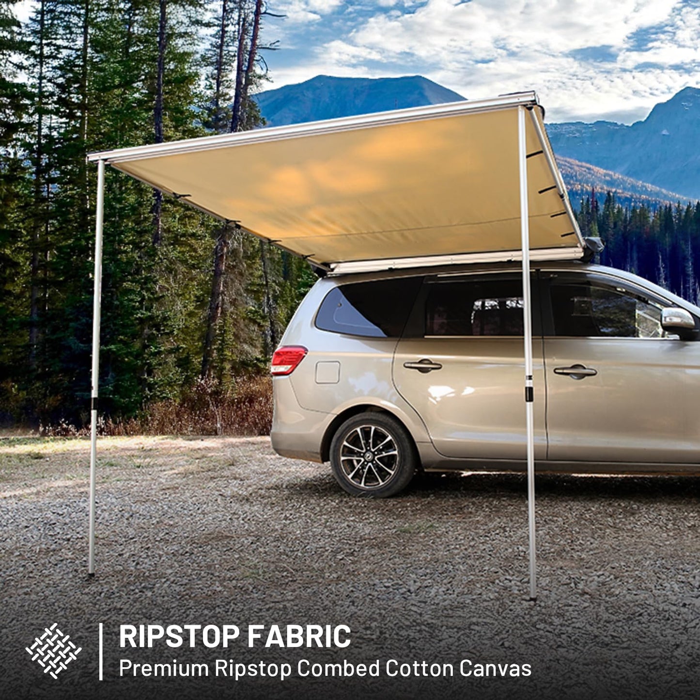 Timber Ridge Car Awning Camper Awning 8.2X6.5ft Truck Tent Waterproof PU10000mm UV50+ Rooftop Overland Camping, Retractable Side Tent Shade for Car/SUV/Truck/Van, Beige