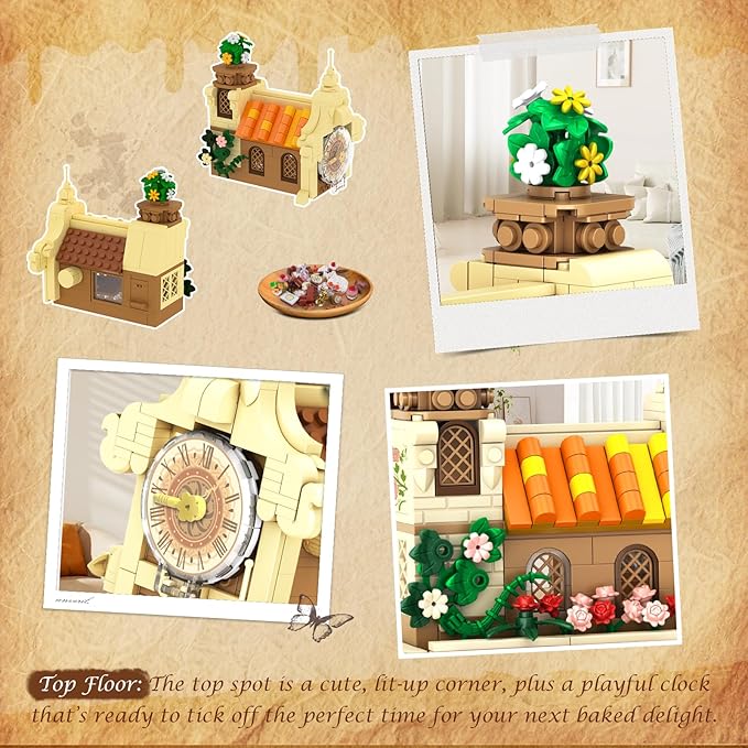 Flower Bakery Coffee House Building Set with Lights City Cafe Baking House Display Model Toy 1289 PCS Modular Construction Building Blocks Kit Home Decor Gift for Adults Teens Girls 12+