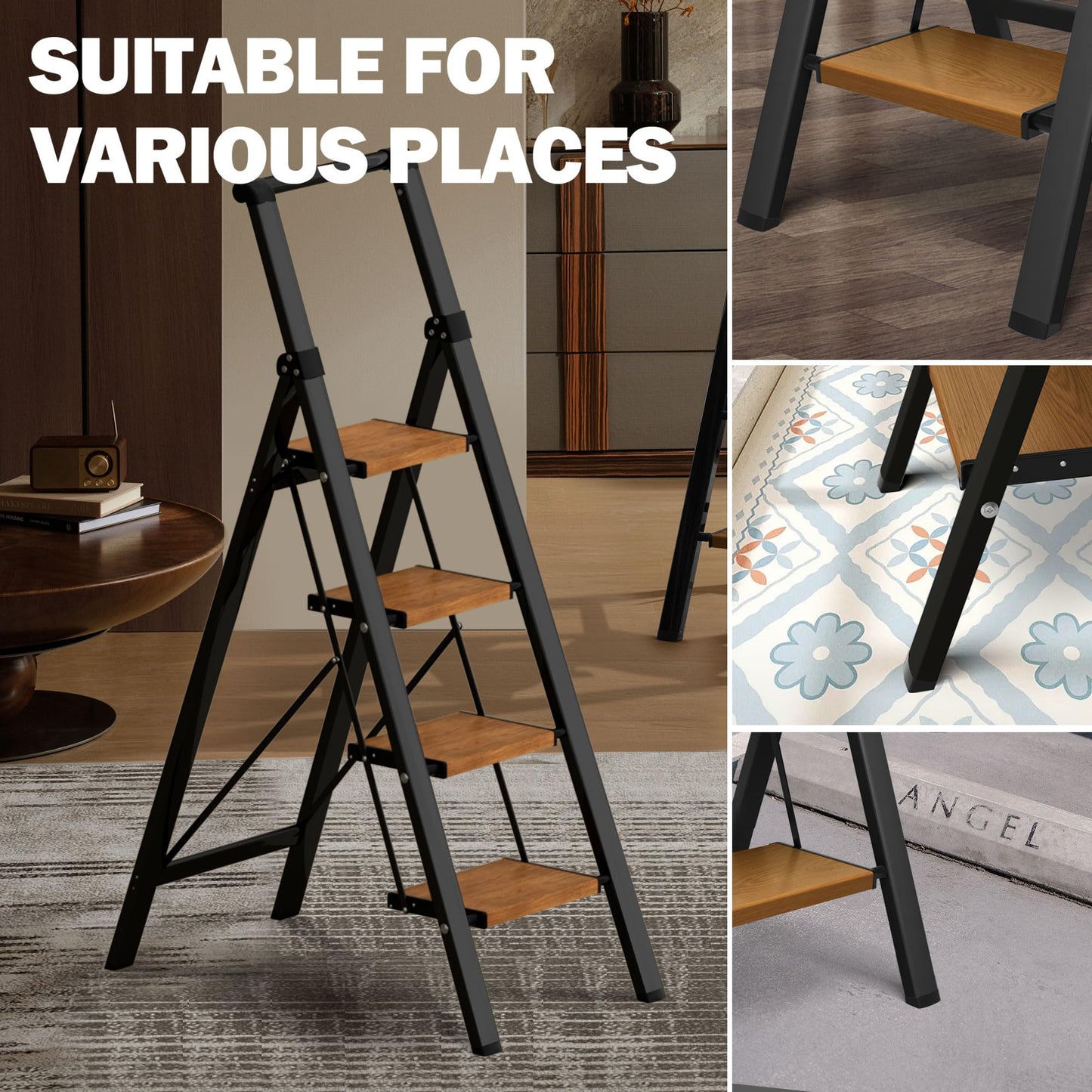 BEFITMACE 4 Step Ladder,Lightweight Folding Step Stool with Aluminum Wide Pedal& Convenient Handgrip,330lbs Capacity Steel Ladder for Household and Office(Black &Woodgrain)