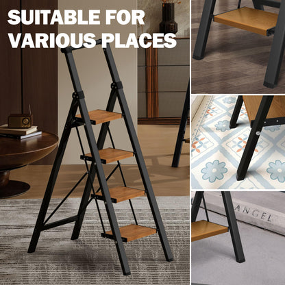 BEFITMACE 4 Step Ladder,Lightweight Folding Step Stool with Aluminum Wide Pedal& Convenient Handgrip,330lbs Capacity Steel Ladder for Household and Office(Black &Woodgrain)