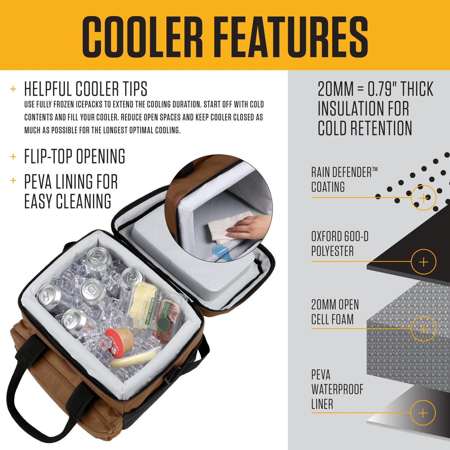 Carhartt Thick Foam Fully Insulated Cold Front Coolers, Premium Ice Retention, Durable Water Resistant Material W/Front Zippered Pocket, 24 Can Lunch Cooler, Oiled Walnut