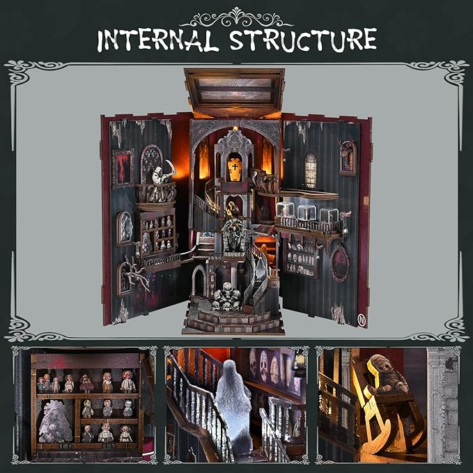 Book Nook Kit with LED Light DIY Miniature Dollhouse Booknook Kit Creepy Scary 3D Wooden Puzzle Bookshelf Insert Decor for Stress Relief Craft for Book Lovers &amp Adult (Haunting Relics)
