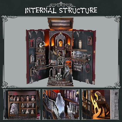 Book Nook Kit with LED Light DIY Miniature Dollhouse Booknook Kit Creepy Scary 3D Wooden Puzzle Bookshelf Insert Decor for Stress Relief Craft for Book Lovers &amp Adult (Haunting Relics)