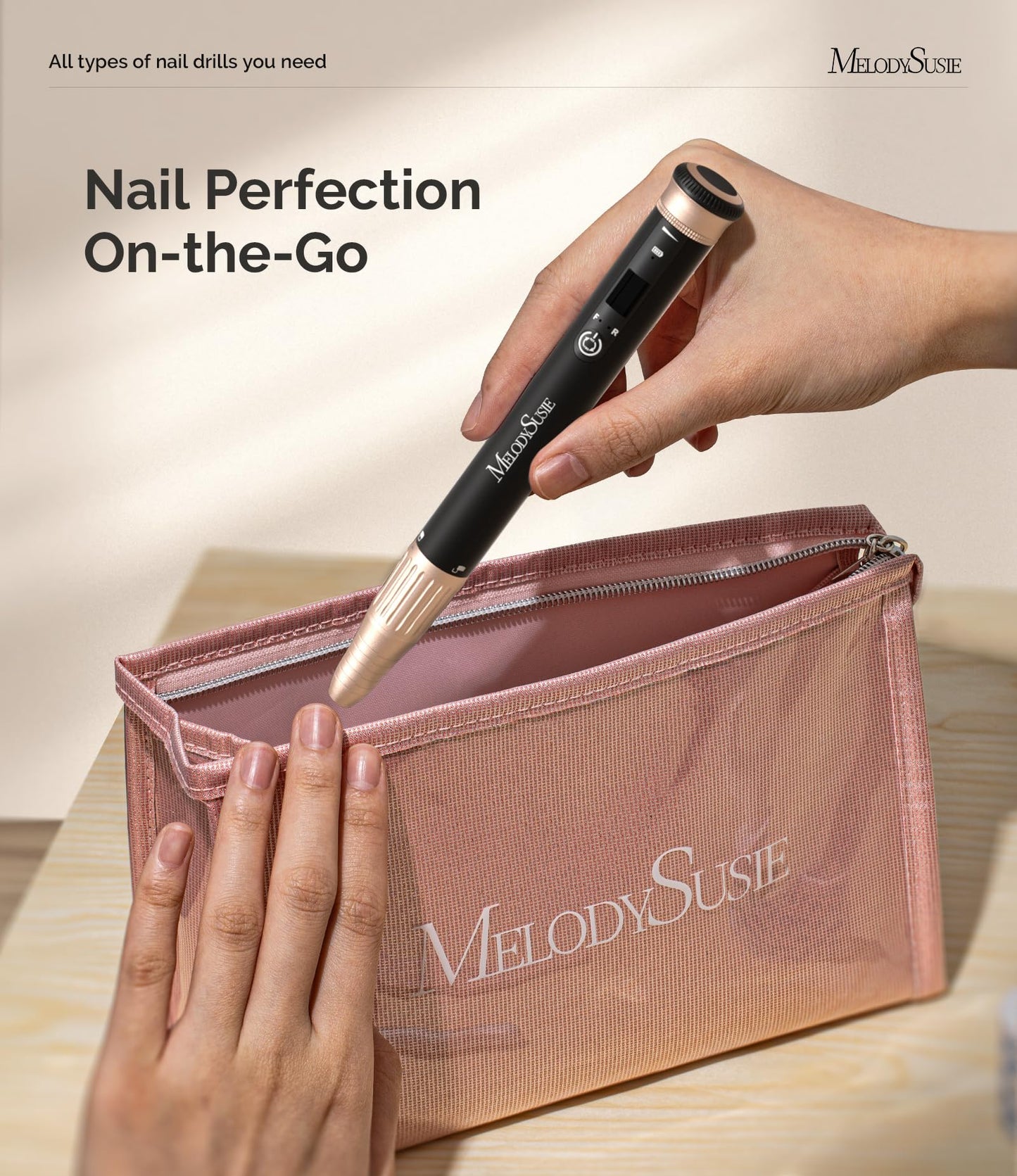 MelodySusie Professional Cordless Nail Drill SM220G Black, 30,000RPM Portable Electric Nail File, Low Noise & Low Vibration Coreless Motor, with 6 Bits & Sanding Bands Kit for Nail Salon & Home