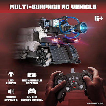 Force1 Officially Licensed Skibidi Toilet Toy Cameraman Figure PDLT Tank RC Truck- Parasite Disabler Tank Remote Control Car Rechargeable RC Car with LED Lights 2.4 GHz Mist Spray Beginner RC Cars