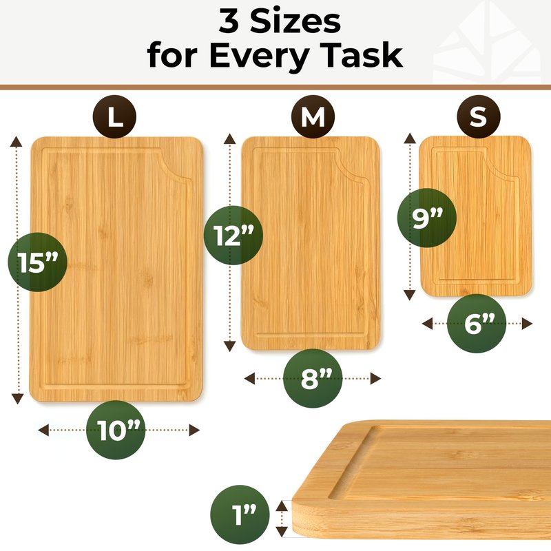 Set of 3 Bamboo Cutting Boards for Kitchen - Thick & Durable Wood Cutting Boards Set with Deep Juice Grooves & Build-in Handles, Large Surface, Easy to Clean – for Meat, Vegetables and Fruits